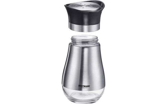 Récipient en verre avec extérieur en acier inoxydable, couvercle en plastique noir détaché avec plusieurs trous au‑dessus ; inscription 'WESTMARK QUALITY' sur le récipient