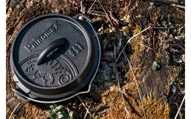 Gusseiserner Deckel mit Griff liegt auf moosigem Waldboden neben einem Baumstamm