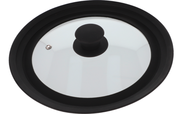 Runder Topfdeckel aus Glas mit schwarzem Griff und schwarzem Rand