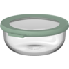 Ronde transparante kom met een platte mintgroene deksel, doorzichtige inzet en een klein lipje aan de rand