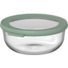 Runde transparente Schüssel mit flachem mintgrünem Deckel, klarem Einsatz und kleiner Lasche am Rand