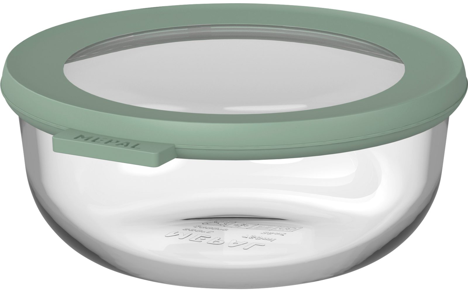 Runde transparente Schüssel mit flachem mintgrünem Deckel, klarem Einsatz und kleiner Lasche am Rand