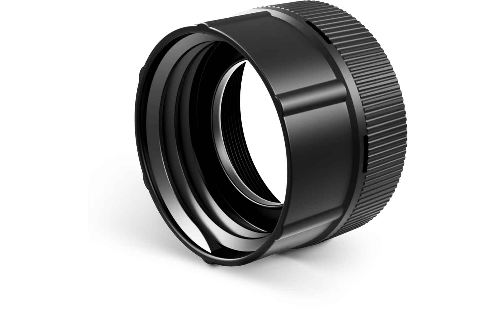 Objet rond noir avec filetage intérieur, surface intérieure lisse et bord extérieur rainuré