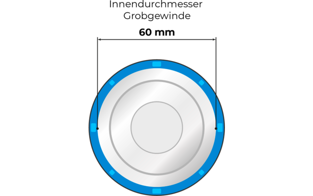 Disque circulaire argenté avec deux anneaux concentriques, bordure extérieure bleue avec plusieurs petits rectangles bleu clair, ligne de cote noire avec flèches et lignes verticales repères vers le cercle, fond blanc