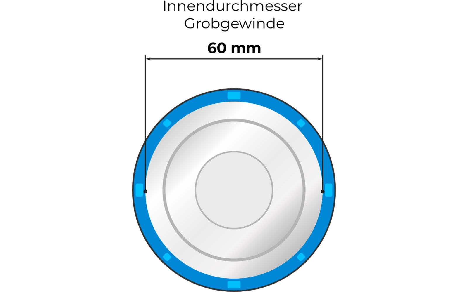 Disque circulaire argenté avec deux anneaux concentriques, bordure extérieure bleue avec plusieurs petits rectangles bleu clair, ligne de cote noire avec flèches et lignes verticales repères vers le cercle, fond blanc