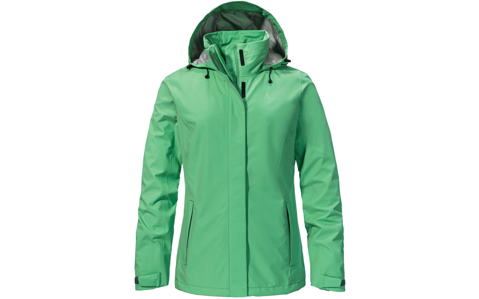 Grüne Jacke mit Kapuze, Vorderansicht auf weißem Hintergrund; durchgehender Reißverschluss, zwei seitliche Eingrifftaschen, kleines Logo auf der Brust