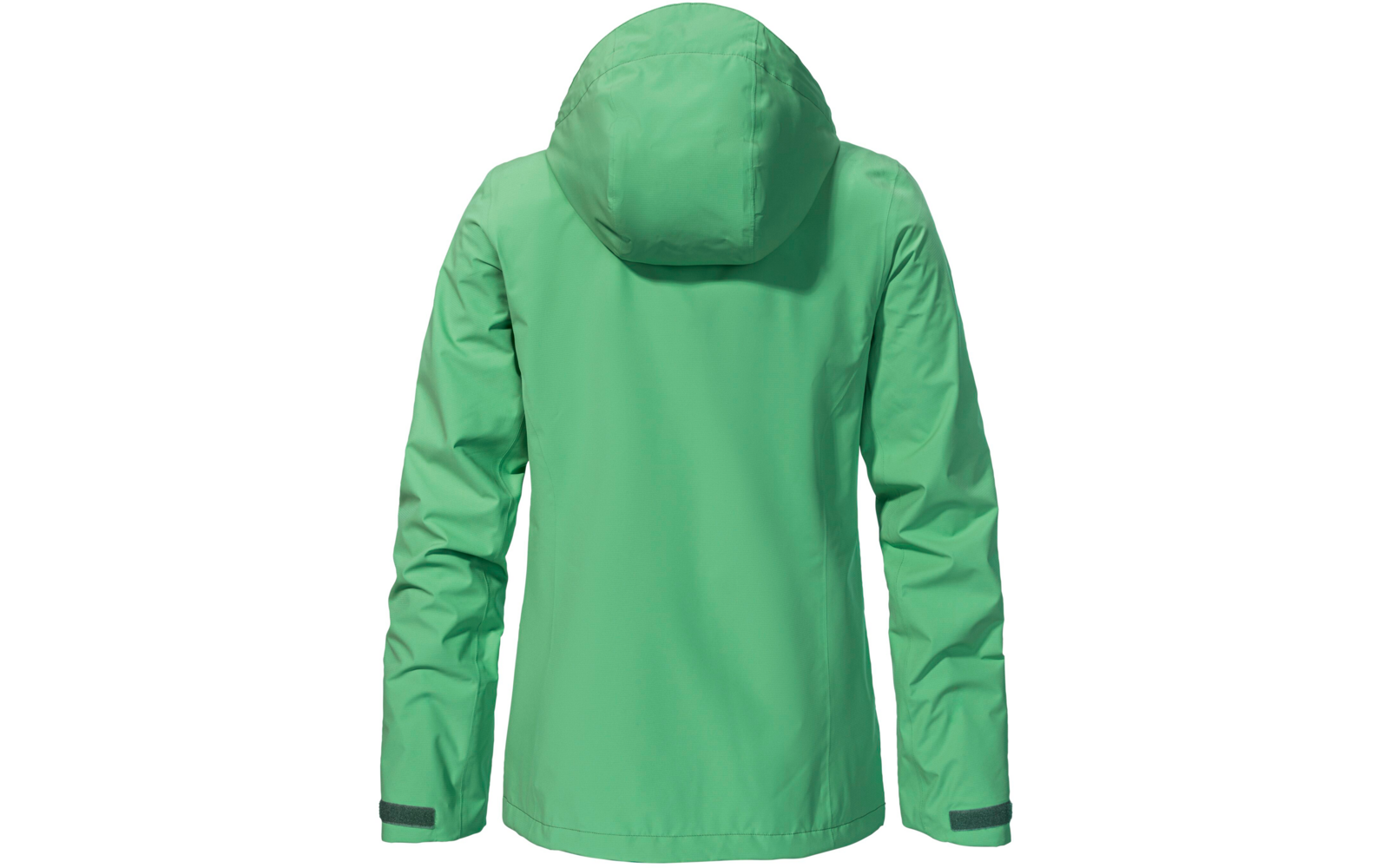 Grüne Jacke mit Kapuze, Rückansicht, lange Ärmel und Klettverschlüsse an den Bündchen