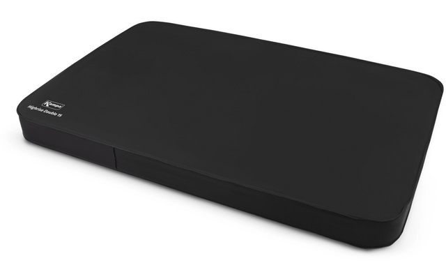 Schwarzes, rechteckiges elektronisches Gerät mit abgerundeten Ecken auf weißem Hintergrund