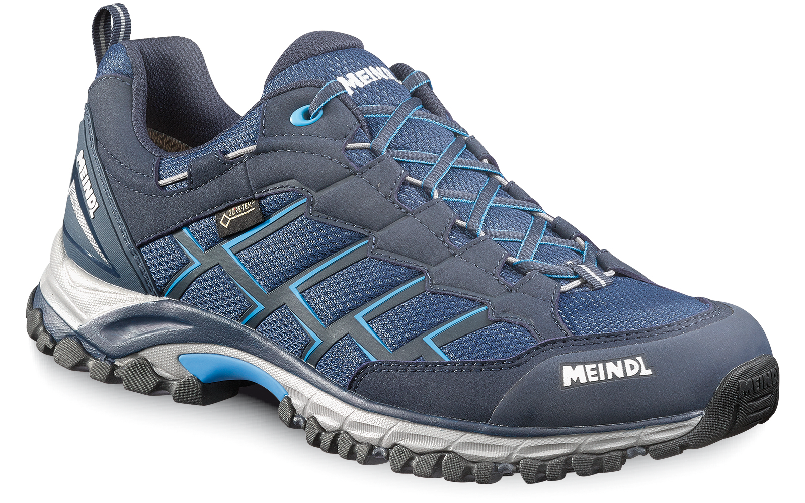 Una zapatilla de senderismo azul-gris, etiqueta Gore-Tex lateral, cordones, suela con dibujo y logotipo 'MEINDL'