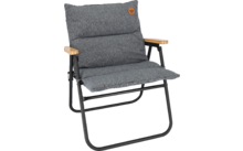 Chaise rembourrée grise avec cadre noir et accoudoirs en bois