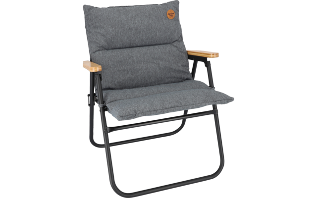 Gray padded chair with black frame and wooden armrests