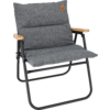 Gray padded chair with black frame and wooden armrests