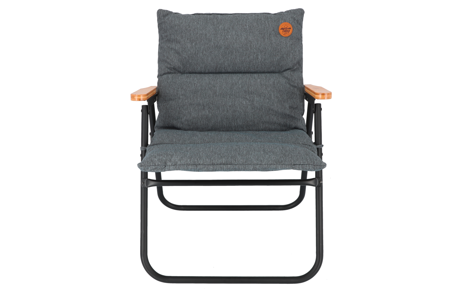 Gray folding chair with cushioning and black metal frame, wooden armrests