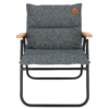 Gray folding chair with cushioning and black metal frame, wooden armrests