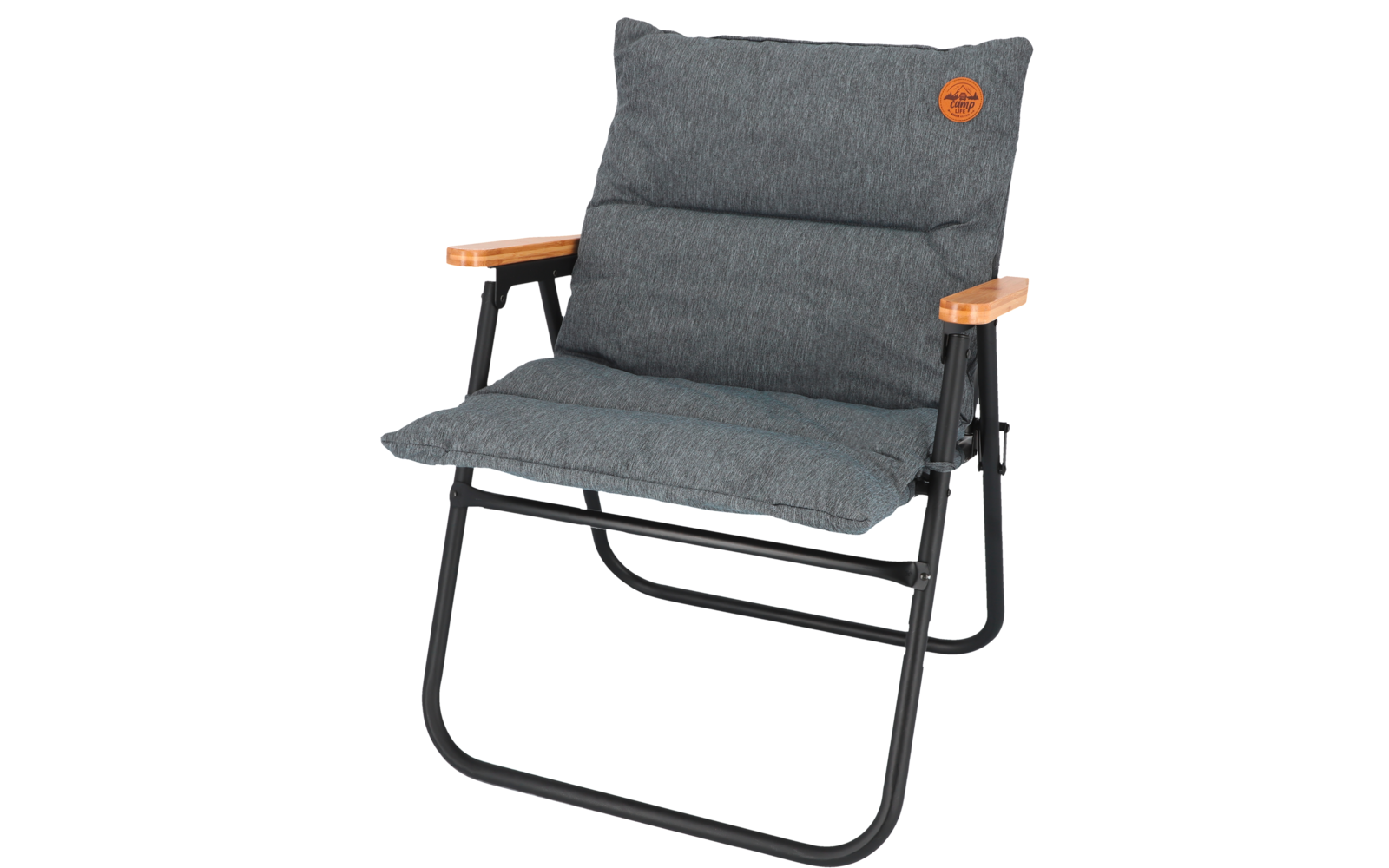 Folding chair with black metal frame, gray seat and back cushions, and wooden armrests