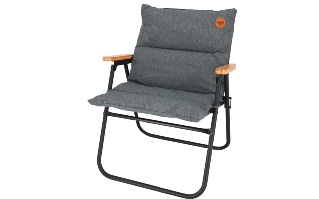 Folding chair with black metal frame, gray seat and back cushions, and wooden armrests