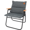 Folding chair with black metal frame, gray seat and back cushions, and wooden armrests