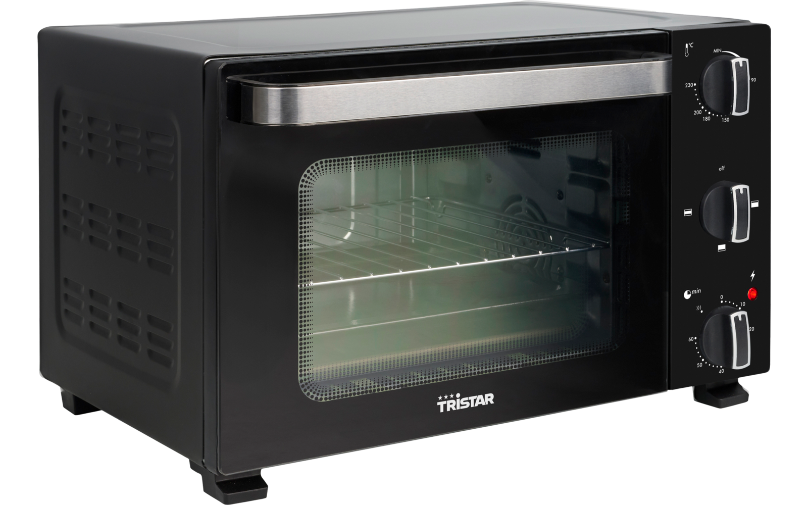 Zwarte tafeloven met glazen deur, RVS-handgreep, drie draaiknoppen rechts, twee roosters binnen, "Tristar"-logo voorop