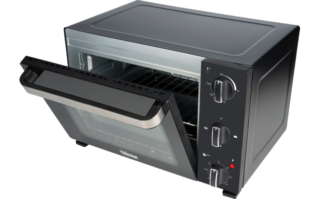 Zwarte tafeloven met open glazen deur, metalen handgreep, interieurrooster, drie draaiknoppen en rood controlelampje