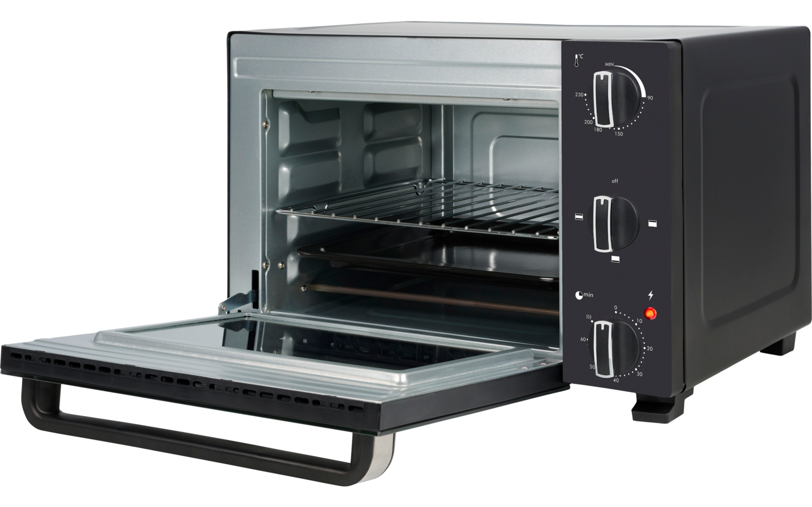 Kleine zwarte oven/toaster met open glazen deur, drie draaiknoppen aan de rechterzijde, binnenin rooster en bakplaat zichtbaar