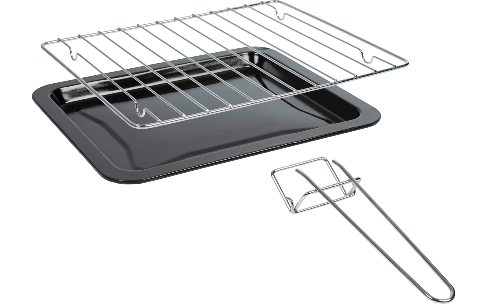Zwart rechthoekig bakblik, daarboven verchroomd draadrooster, rechts een klein verchroomd draadframe met lange steel