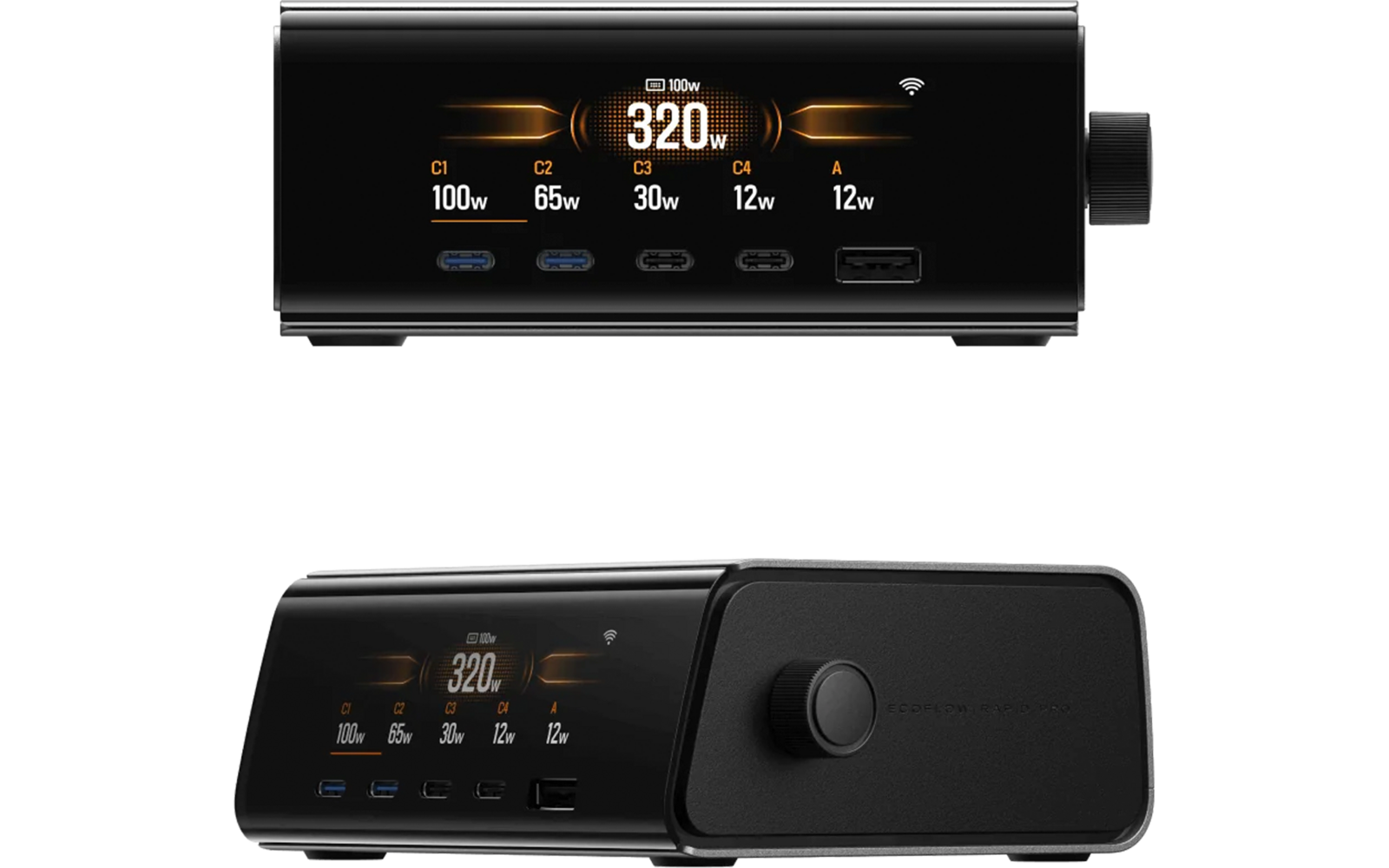 Zwart elektronisch apparaat met digitaal display en draaiknop