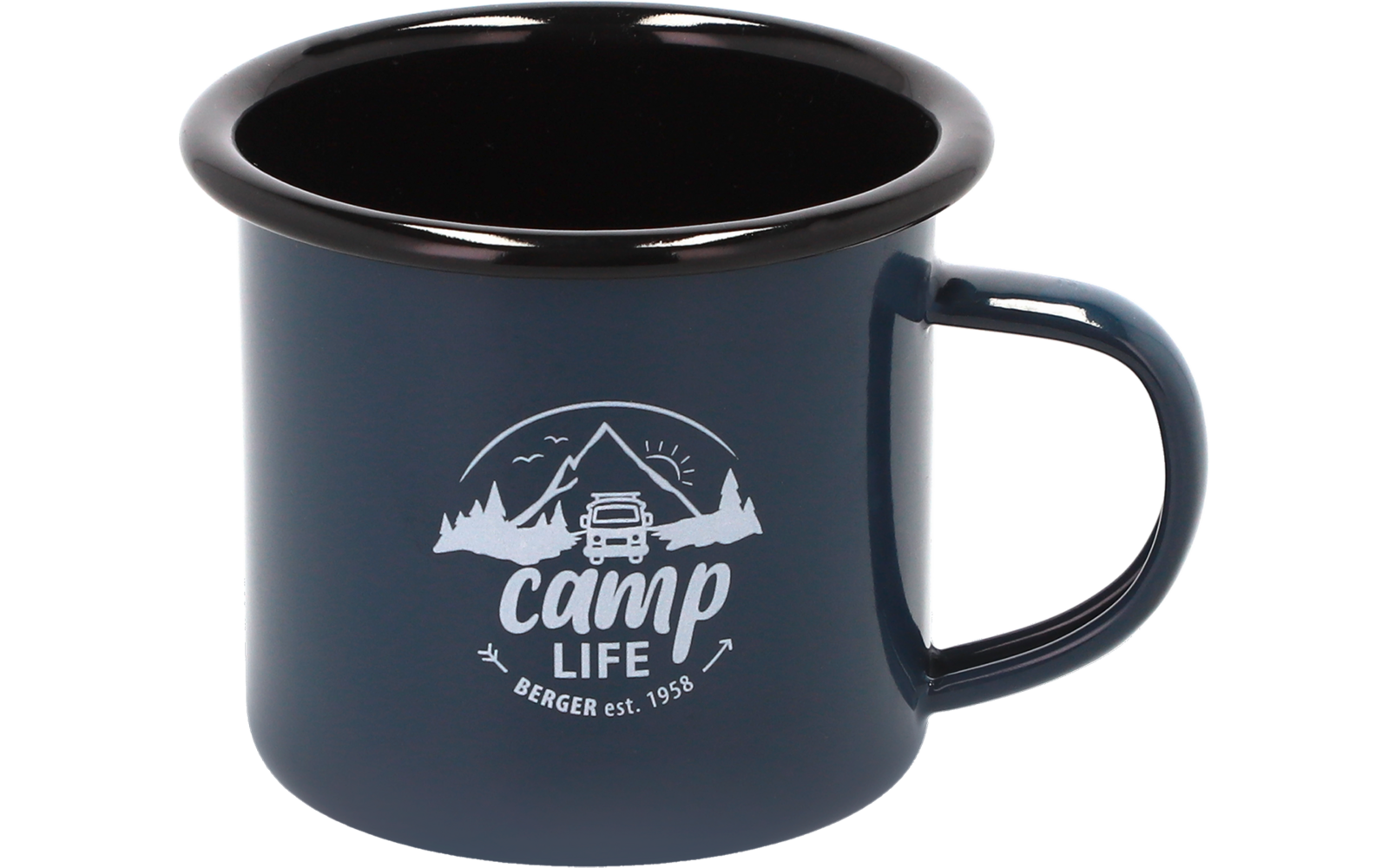 Blauer Emaille-Becher mit weißem Aufdruck 'camp life' und einem Bergmotiv
