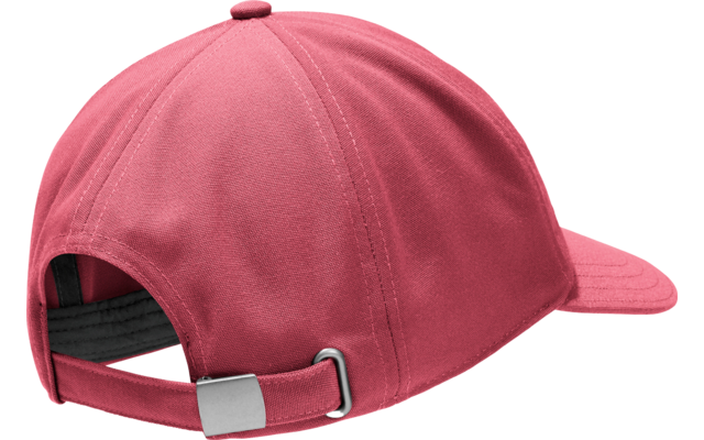 Rosa Baseballcap, Rückansicht, verstellbarer Stoffriemen mit Metallverschluss, sichtbare Nähte und gebogener Schirm
