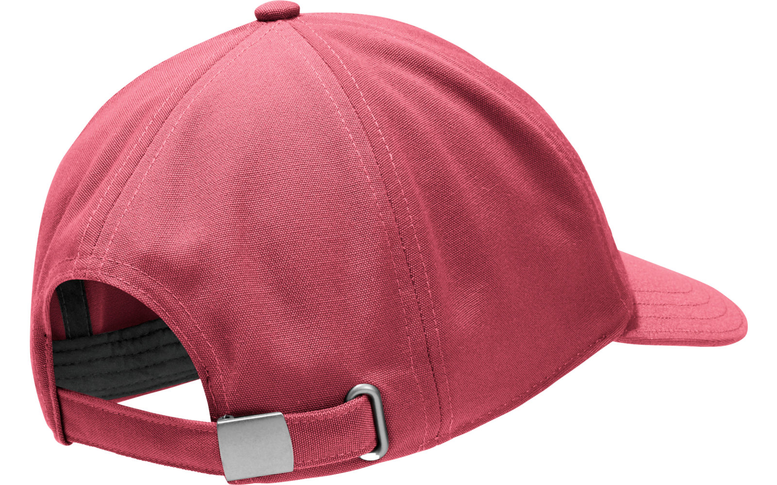 Rosa Baseballcap, Rückansicht, verstellbarer Stoffriemen mit Metallverschluss, sichtbare Nähte und gebogener Schirm