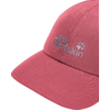 Rosa Cap mit sichtbarem Schirm, gestickter hellblauer Schriftzug 'Jack Wolfskin' und Pfotenlogo, sichtbare Nähte