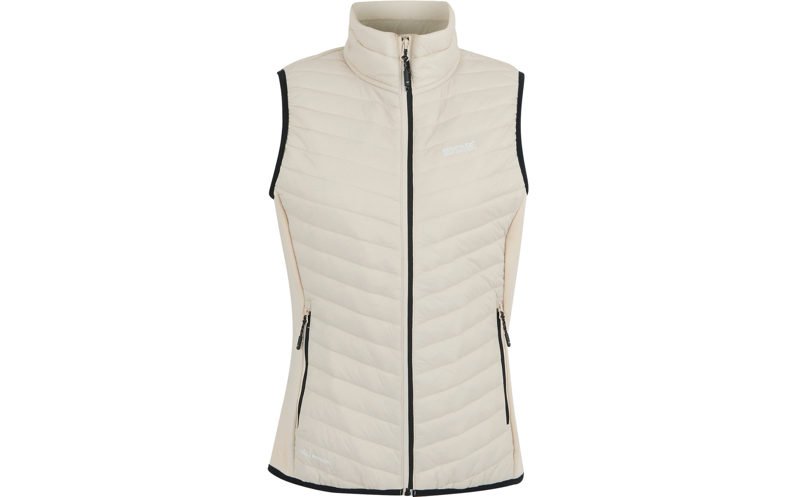 Beige gesteppte ärmellose Weste mit hohem Kragen, durchgehendem Reißverschluss, zwei seitlichen Reißverschlusstaschen, schwarzer Einfassung an Ärmelausschnitten und Saum, Logo auf der Brust