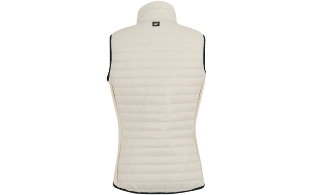 Rückenansicht einer hellbeigen, gesteppten, ärmellosen Weste mit hohem Kragen, schwarzer Einfassung an Armöffnungen und Saum und kleinem schwarzem Logo unter dem Kragen