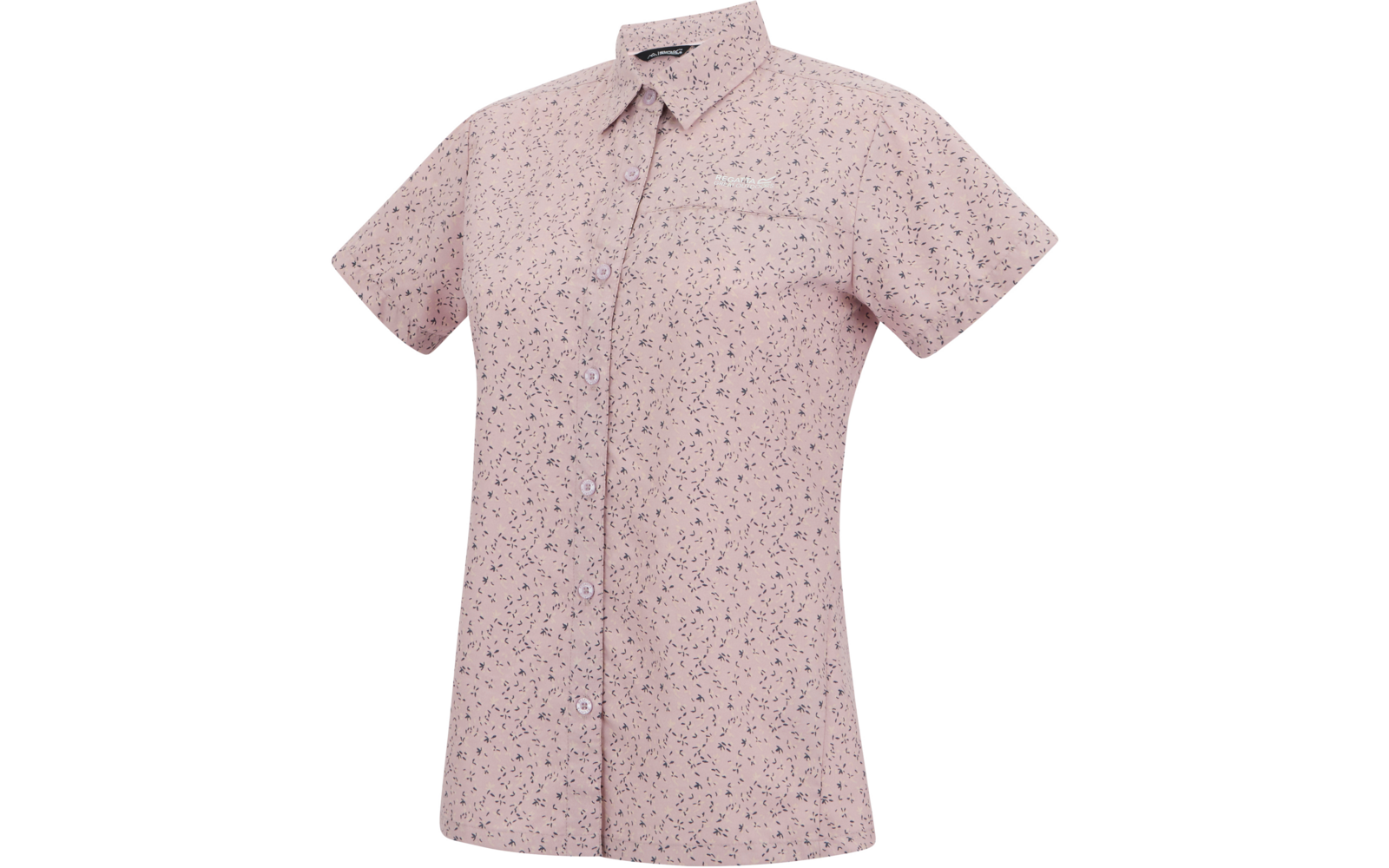 Rosa kurzärmelige Bluse mit Kragen, durchgehender Knopfleiste und kleinem dunklem Muster