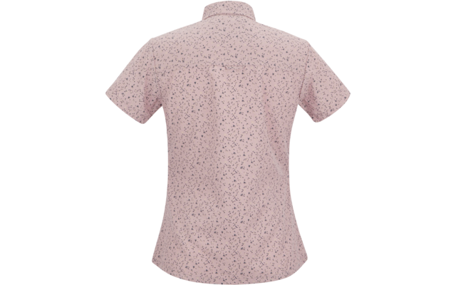 Rückenansicht eines kurzärmligen hellrosa Hemds mit Kragen und kleinen dunklen Sprenkeln