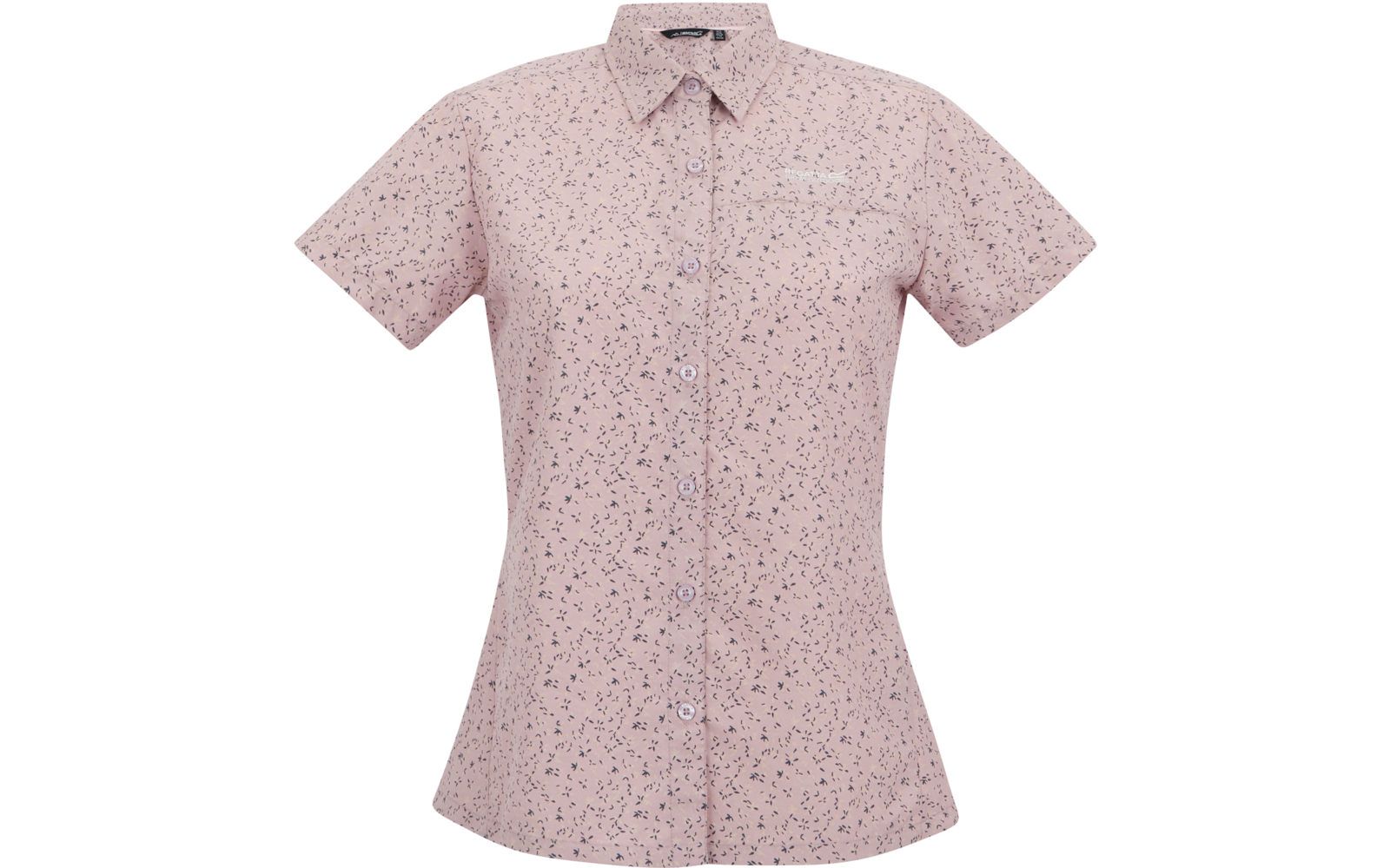 Hellrosa, kurzärmlige Bluse mit Kragen, durchgehender Knopfleiste, kleiner Brusttasche und kleinem dunklem Blumenmuster