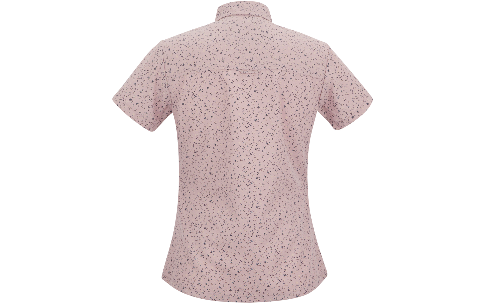 Rückenansicht eines kurzärmligen hellrosa Hemds mit Kragen und kleinen dunklen Sprenkeln