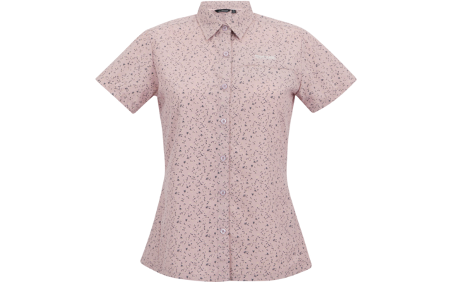 Hellrosa, kurzärmlige Bluse mit Kragen, durchgehender Knopfleiste, kleiner Brusttasche und kleinem dunklem Blumenmuster