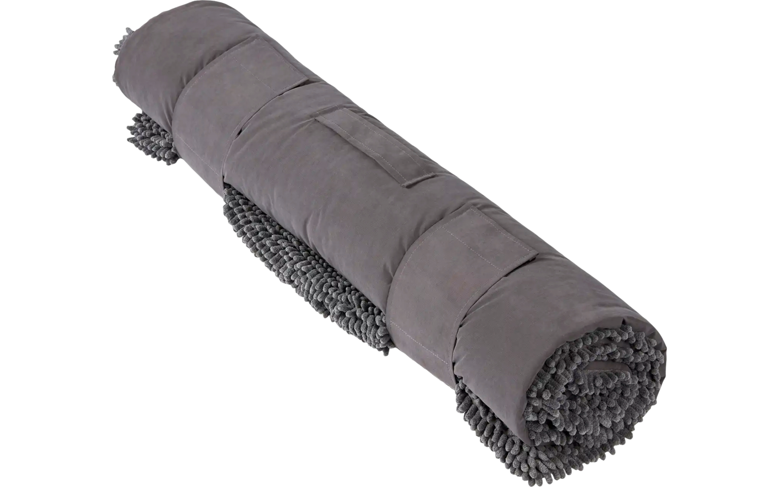 Rolle aus schwarzem, geripptem Material auf weißem Hintergrund