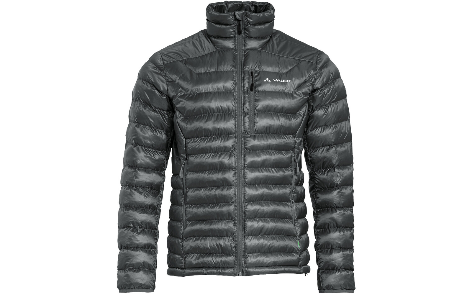 Dunkelgraue gesteppte Jacke mit Reißverschluss, Stehkragen, horizontalen Steppnähten, Brusttasche links und sichtbarem "VAUDE"-Logo