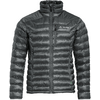 Dunkelgraue gesteppte Jacke mit Reißverschluss, Stehkragen, horizontalen Steppnähten, Brusttasche links und sichtbarem "VAUDE"-Logo