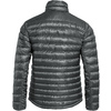Rückansicht einer dunkelgrauen, horizontal gestepp­ten Steppjacke mit Stehkragen und langen Ärmeln auf weißem Hintergrund