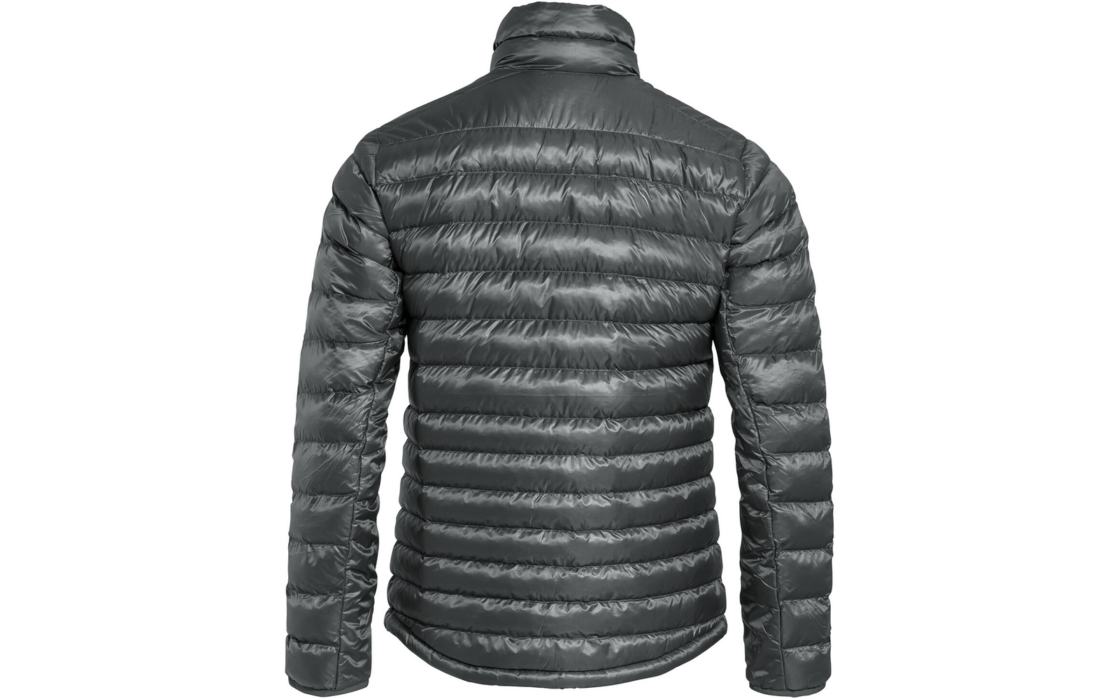 Rückansicht einer dunkelgrauen, horizontal gestepp­ten Steppjacke mit Stehkragen und langen Ärmeln auf weißem Hintergrund