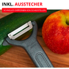 Éplucheur en Y gris avec lame métallique sur une planche en bois à côté d'une courgette verte et d'une pomme rouge avec des gouttes d'eau ; en haut texte rouge 'INKL. AUSSTECHER' et 'SCHNELLES ENTFERNEN VON SCHADSTELLEN'