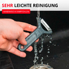 Main tenant un outil gris avec une pièce métallique sous de l'eau courante au-dessus d'un évier ; en haut le texte 'SEHR LEICHTE REINIGUNG' et un label rouge 'HANDWÄSCHE EMPFOHLEN'