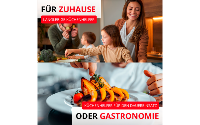 Image en deux parties : en haut une femme et un enfant à un plan de travail dans une cuisine, un homme et un autre enfant en arrière‑plan ; bannières rouges avec les inscriptions 'FÜR ZUHAUSE' et 'LANGLIEBIGE KÜCHENHELFER'. En bas des mains saupoudrent des herbes sur des légumes rôtis dans une assiette blanche ; bannières rouges 'KÜCHENHELFER FÜR DEN DAUEREINSATZ' et 'ODER GASTRONOMIE'