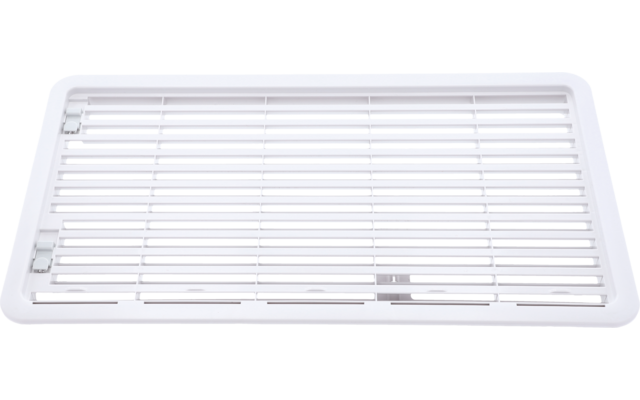 Weißes rechteckiges Lüftungsgitter mit horizontalen Lamellen