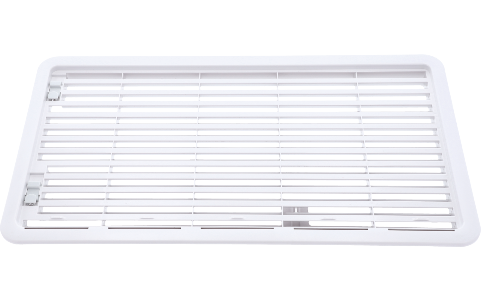 Weißes rechteckiges Lüftungsgitter mit horizontalen Lamellen