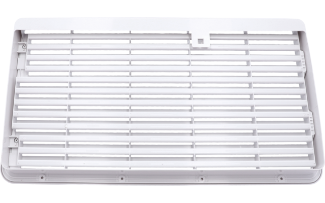 Weißes rechteckiges Gitter mit waagerechten Lamellen, abgerundeten Ecken und kleiner Auskerbung oben rechts auf weißem Hintergrund