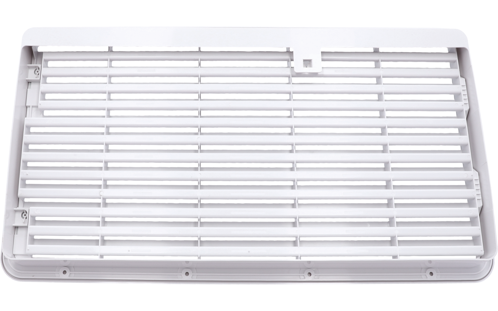 Weißes rechteckiges Gitter mit waagerechten Lamellen, abgerundeten Ecken und kleiner Auskerbung oben rechts auf weißem Hintergrund