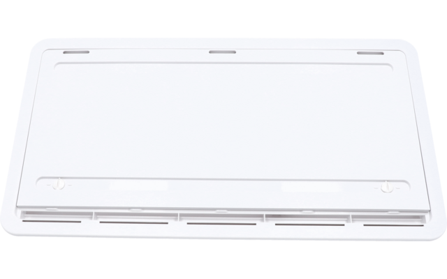 Weiße, flache rechteckige Kunststoffplatte mit abgerundeten Ecken, zwei kleinen seitlichen Laschen und schmalen Lüftungsschlitzen an einer Kante